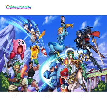

Comic Photography Backgrounds Cartoon Characters Warriors Sonic with Qute Creatures Blue Sky Backdrops for Theme Party Decor