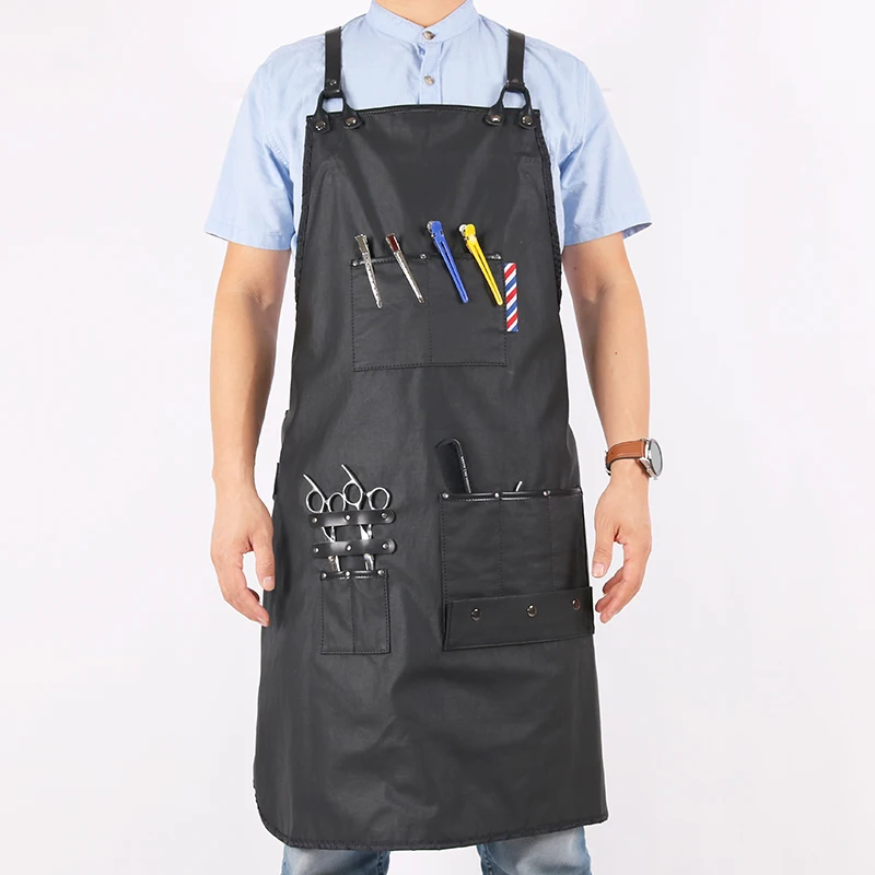 WEEYI Women Men Black Barber Aprons Hairdressing Waterproof Salon Apron For Hairdresser With Leather Straps avental de barbeiro