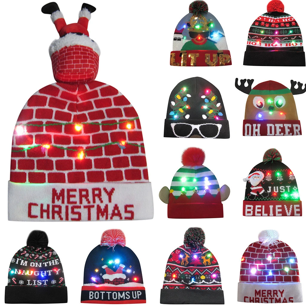 /Âge Plus de 8 Ans Goodstoworld Unisexe LED Chapeau de No/ël Lumineux 2019 Rigolo Chaud Tricot Bonnet Pere Noel Light Up Christmas Hats with 6 Flashing Light