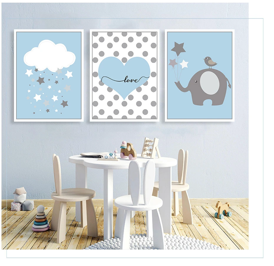 Cartoon-Elephant-Star-Blue-Personalized-Nursery-Decor-New-Baby-Gift-Canvas-Painting-Wall-Art-Picture-Poster