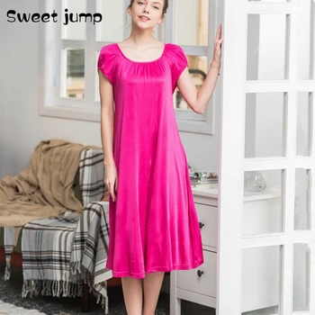 

Spring and autumn women's pajamas simple and thin silk nightdress, ladies knitted silk sexy nightdress, loose large size dress