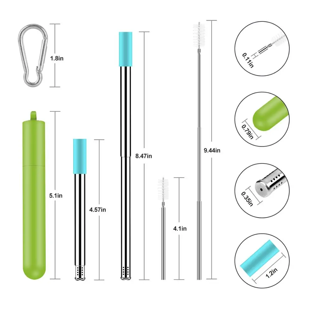 2 Pack Telescopic Reusable Straws Metal Stainless Steel with Filter Hole Telescopic Cleaning Brush, Silicone Tips