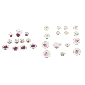 

30Pcs Flower Porcelain Dollhouse Miniature Coffee Tea Cup Set - 15Pcs Purple & 15Pcs Rose Red