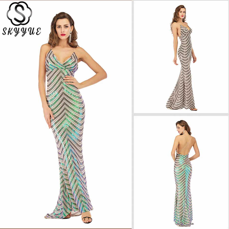 

Skyyue Eveing Gowns Spaghetti Strap Sleeveless Sequined Formal Dress V-Neck Backless Floor-Length Robe De Soiree YM059