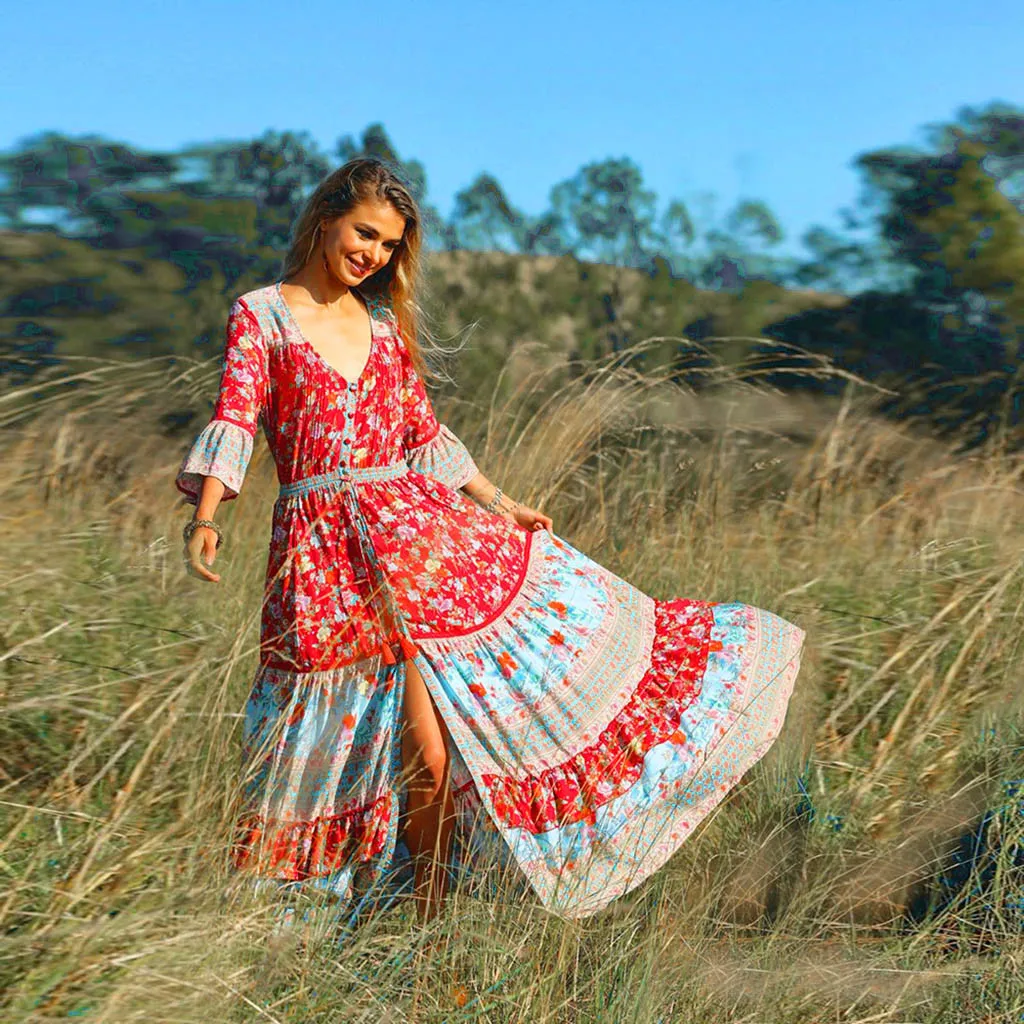Vestidos, женское летнее платье, платье в богемном стиле, с принтом на талии, v-образный вырез, шифоновое, Пляжное, длинное, праздничное, Пляжное, вечерние, женское платье