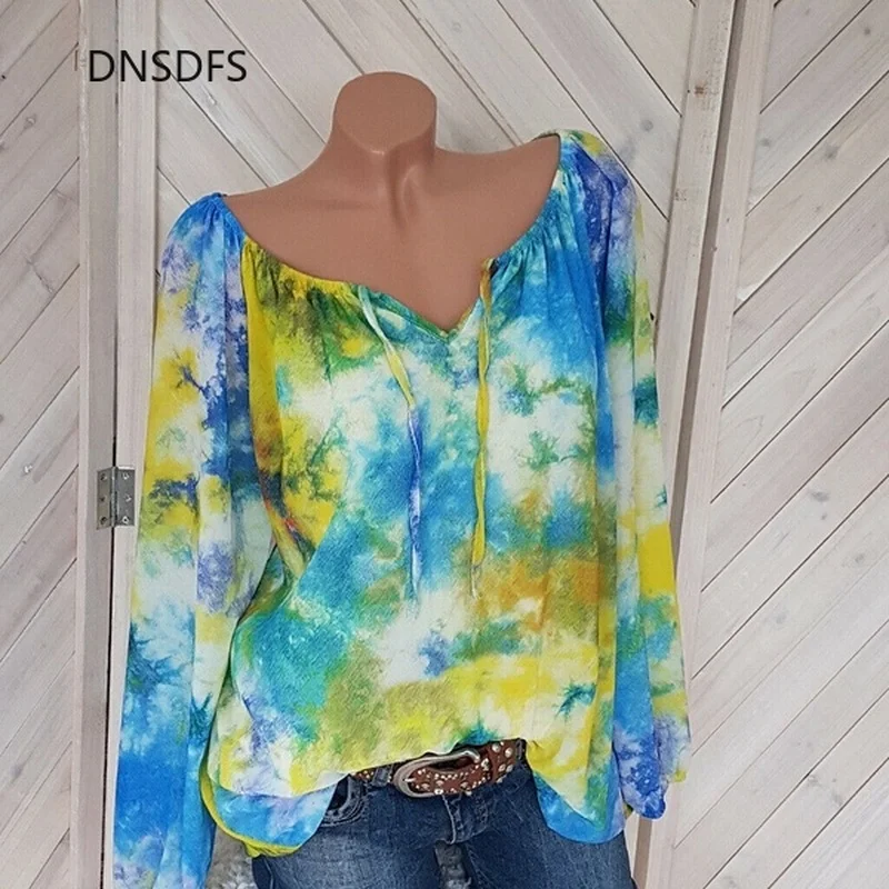Top de talla grande 5XL para mujer, Blusa informal holgada de manga larga para playa, Blusa de Impresión de tinta negra con cuello de pico, ropa para mujer