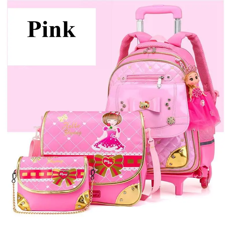 Kid's School Bag on Wheels Children Luggage Rolling Bags Wheeled Bag Backpacks for Girls Travel Trolley Backpack Bags for Girls - Цвет: Pink with handbag