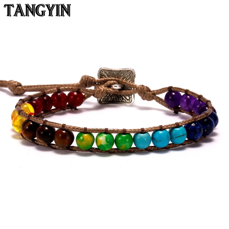 TANGYIN 1 шт. разноцветный натуральный камень бусы, цепочка браслет семь браслет с символами чакр для женщин и мужчин изысканные ювелирные изделия ручной работы