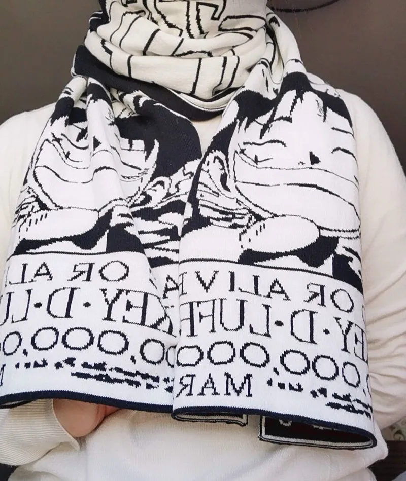 JP Anime Monkey D Luffy Cosplay 5.5 Feet Black White Warm Soft Knitting Scarf