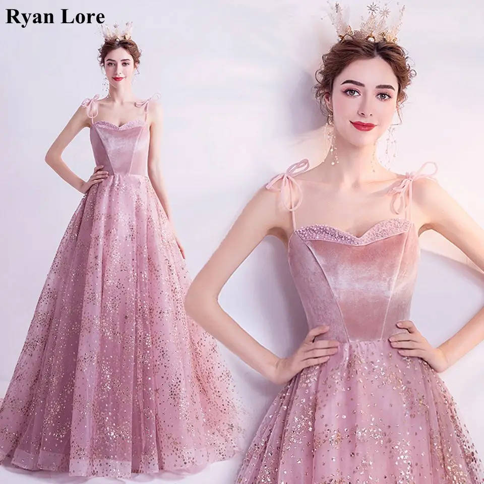 

Pink A-Line Prom Dresses Women Party Night Elegant Long Evening Dress 2020 Spaghetti Straps Sparkle Sequin Formal Robe De Soiree
