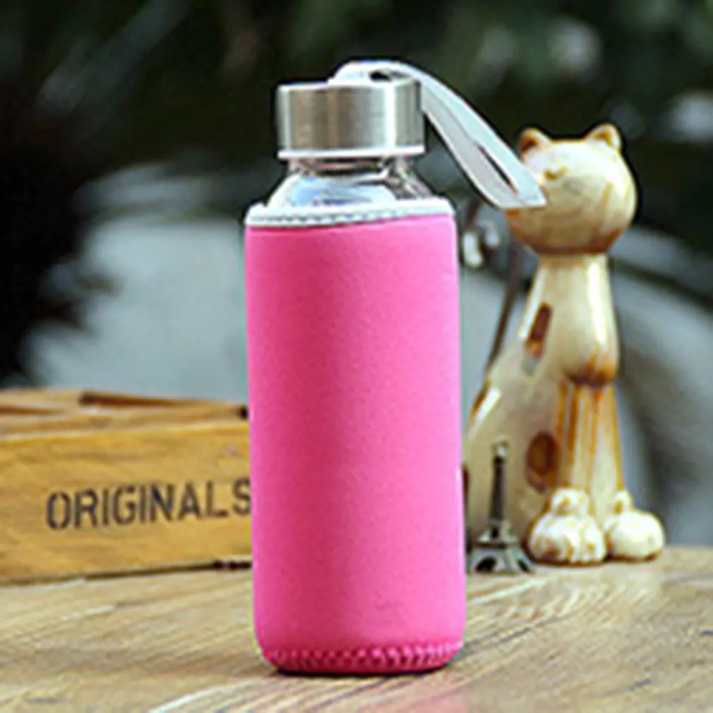 Red 300ml Glass Drinking Bottle Borosilicate Glass Water Bottle with Cloth Cover Pouch Portable Travel Drink Bottle - Color: Red