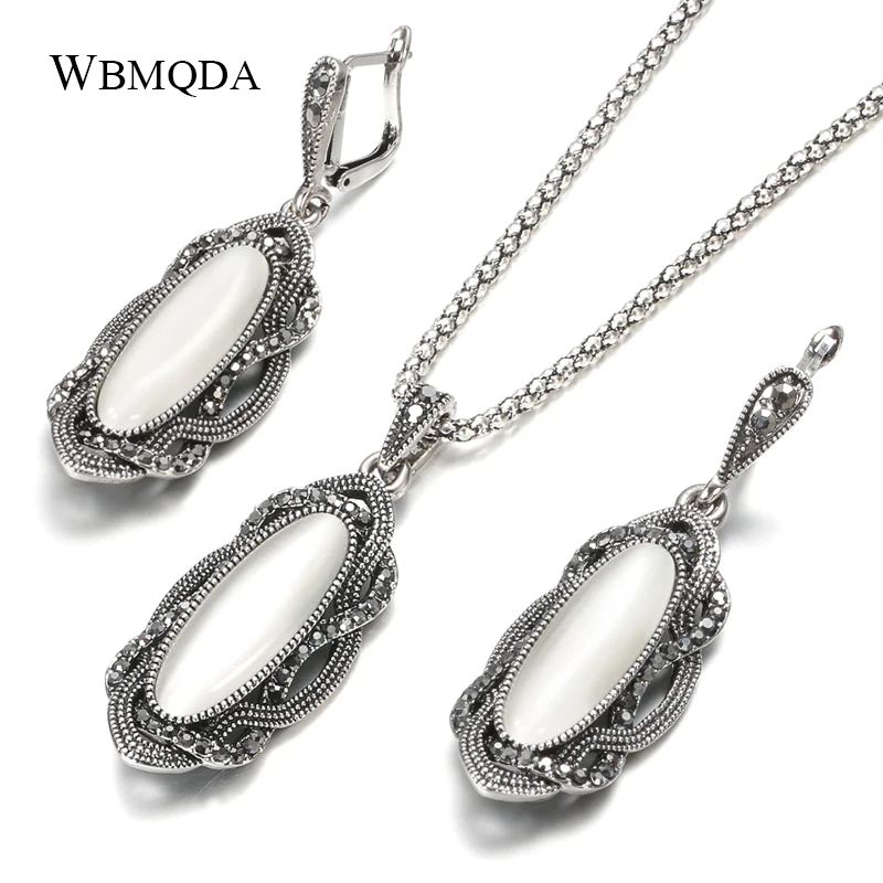 Wbmqda Bohemian Big Opal Stone Earrings Necklace Boho Jewelry Sets Vintage Tibetan Silver Black Crystal Earrings for Women jewelry sets jewelry set women earrings chain necklace