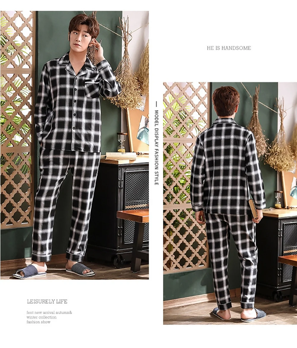 silk pajama set Spring Autumn Pajama Sets Suit Knitted Cotton Casual Long Sleeve Sleepwear Plaid Home Wear Plus Size Comfortable Pajamas For Men mens sleepwear set