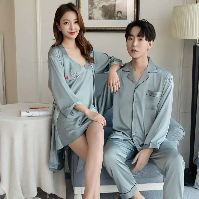 Autumn Men Pajamas Set Ice Silk Long Sleeve V Neck Couple Lovers Pajamas 2pcs Plus Size M-3XL Leisure Loose Home Pyjamas Wedding men pyjamas suit autumn couple pajamas long sleeve pijama male plus size sleep clothing silk nightie sleepwear lovers wedding