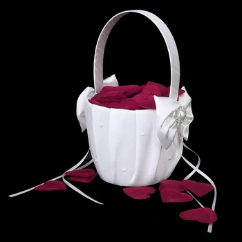 

Romantic Wedding Flower Girl Satin Basket with Ivory Bow-knot Pearl for Ceremony Festive Party Love Case