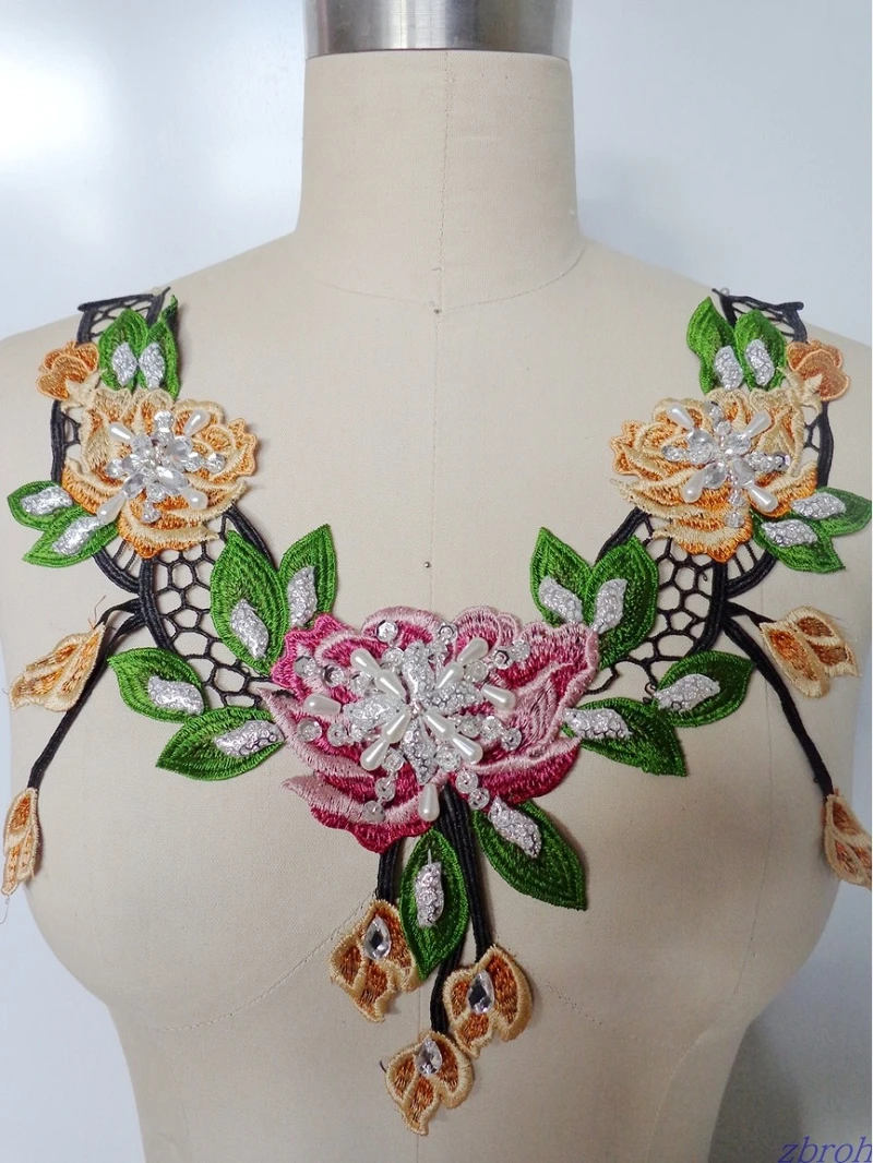 

3Pieces Colorful Pearl Collar Elegant Lady Royal Lace False Crystal Bead Rhinestone Shirt Neckline Shoulder Applique