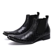 Черные мужские ботинки; модная обувь «Челси»; эластичная обувь с квадратным носком; зимние мужские ботильоны со стразами; кожаные ботинки без застежки