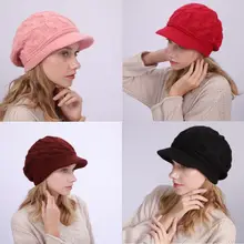 Женская зимняя плетеная вязаная шляпа берет громоздкая утолщенная плюшевая подкладка теплая ветрозащитная Лыжная Шапочка с козырьком