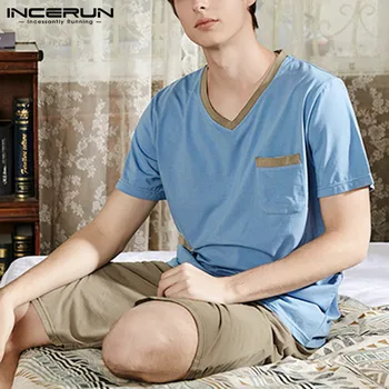 

Summer Cotton Men Pajamas Sets Short Sleeve Sleepwear Shorts Sets Loose V Neck Soft Homewear Leisure Mens Nightwear Suit INCERUN