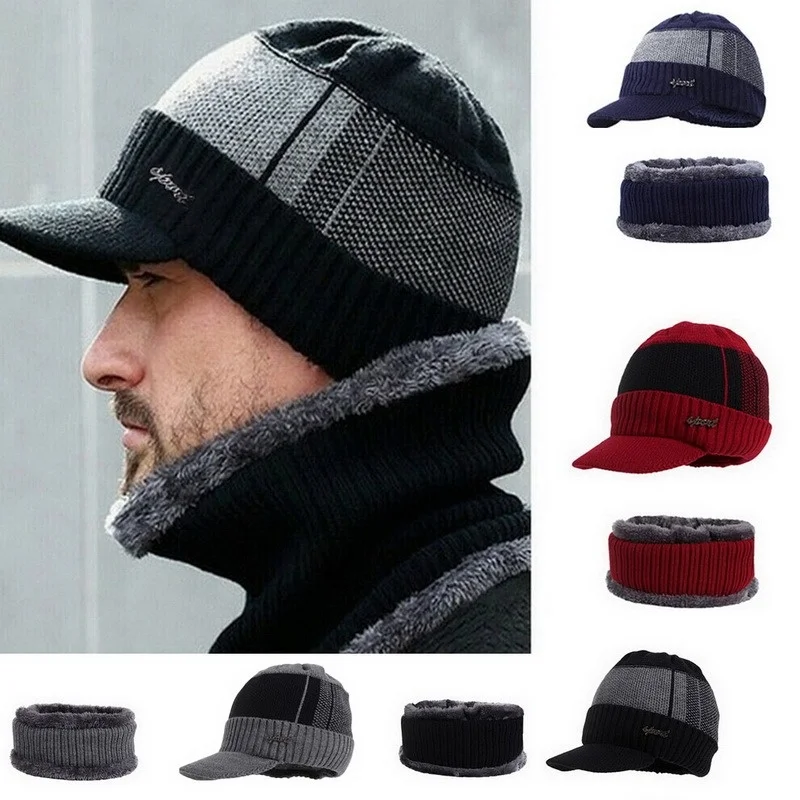2 Pcs Winter Men's Hat Skullies Beanie with Brim Warm Winter Hat Male