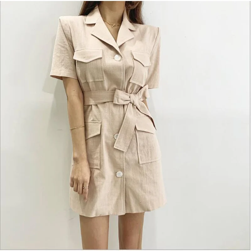

New 2020 Women Summer Dresses High Waist Costume Korean Style Lace Up Vintage Elegant Office Lady Mini Dress CL397