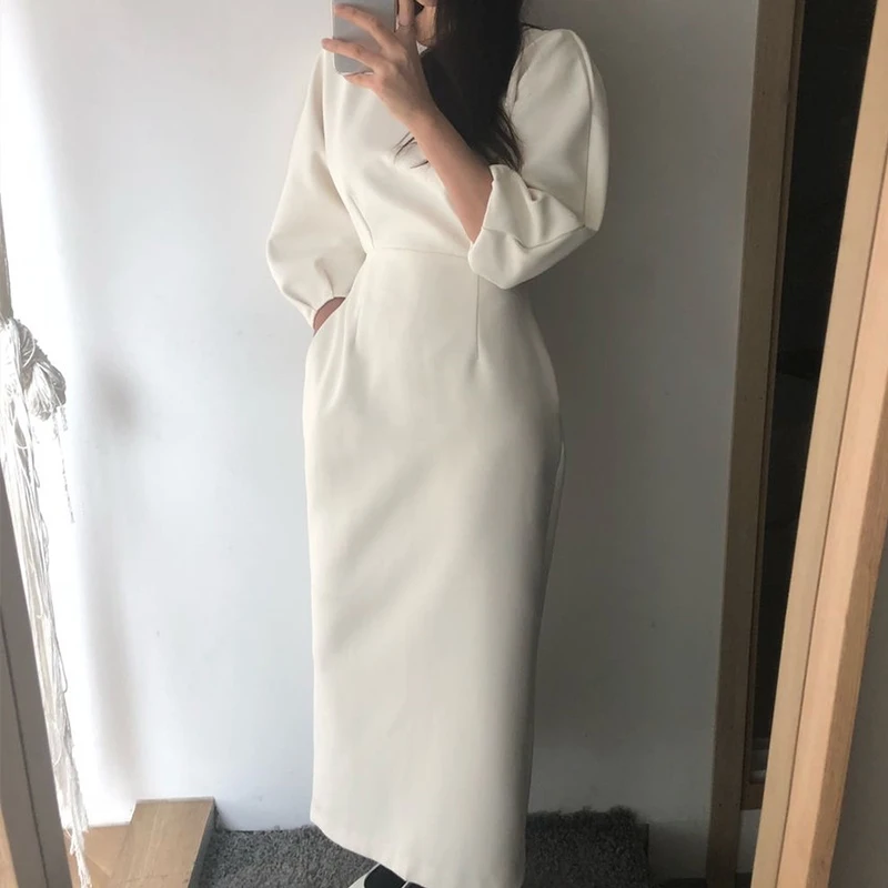 

YAMDI bodycon solid apricot Elegant Ladies Office Dress Fashion Sexy Solid Color Dress Women Slim Midi Dress Vestidos OL robe