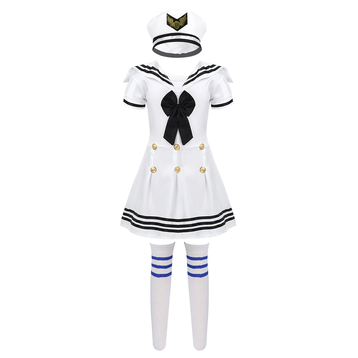 

Kids Girls Navy Sailor Uniform Cosplay Costume Children School Chorus Stage Performance Dancewear Outfit Dress + Hat + Socks Set