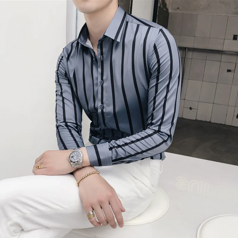 Мужская рубашка Smart casual, классический контрастный Стандартный крой, длинный рукав, полосатая рубашка, британский стиль, мужская рубашка размера плюс