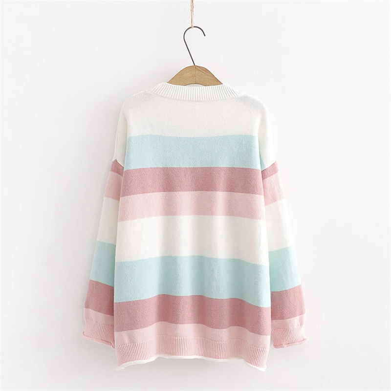 MERRY PRETTY Women's Rainbow Color Knit Jumper Autumn Winter Long Sleeve O-Neck Knitted Sweaters Jacquard Pullover Sweaters