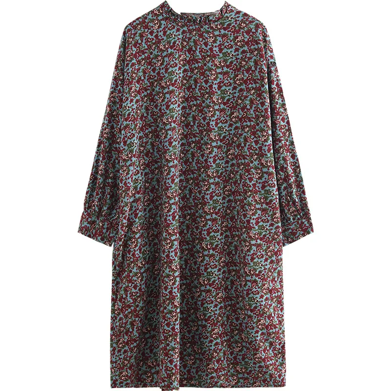 

2018 Autumn New Style Literature And Art Small Floral Frilled Stand Collar Long-sleeved Dress the Girls' Middle School Long Skir