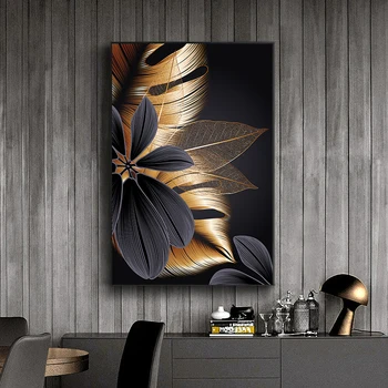 Black Golden Plant Leaf Canvas Poster Print Modern Home Decor Abstract Wall Art Painting Nordic Living Room Decoration Picture 1