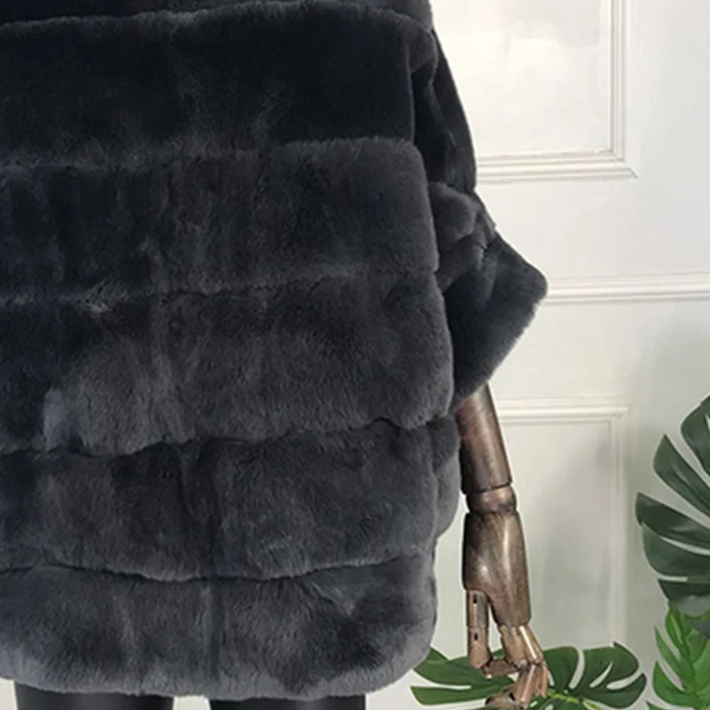 Натуральное меховое пальто высокого качества, натуральная Шуба из кролика Рекс, куртка с рукавами летучая мышь, разноцветное натуральное меховое пальто, теплое пальто на молнии - Цвет: Черный