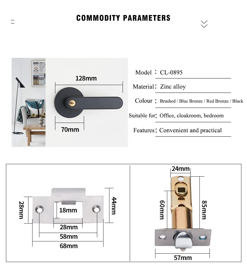 Description Picture 4 of item4color/ door handles for Interior doors Wave shape Front Back Lever latch lock cylinder American Modern Wood Interior Door lock