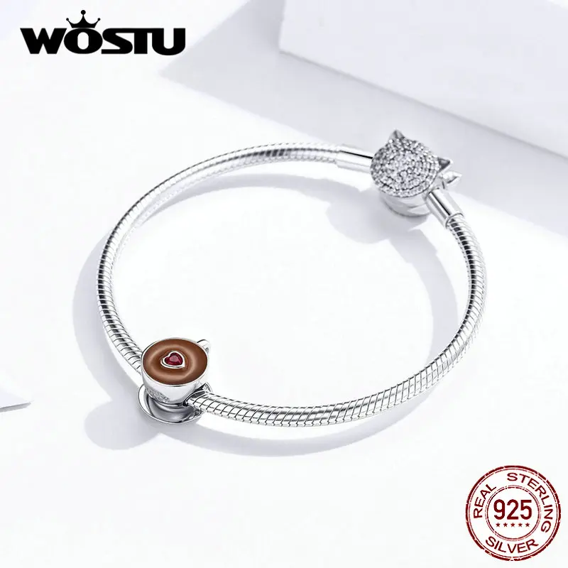 WOSTU New Arrival Real 925 Sterling Silver Cute Coffee Beads Pendant Fit Original Charms Bracelet Jewelry FIC1286