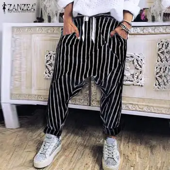 

2020 Autumn Cargo Trousers ZANZEA Fashion Drawstring Long Pantalon Streetwear Women Casual Elastic Waist Striped Turnip Pants