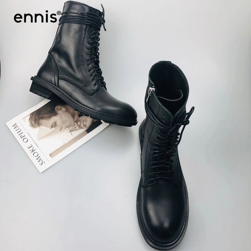 ENNIS/брендовые Черные Ботинки martin; женские ботильоны из натуральной кожи; женские ботинки на низком каблуке со шнуровкой; обувь на платформе на молнии; сезон осень; A9226