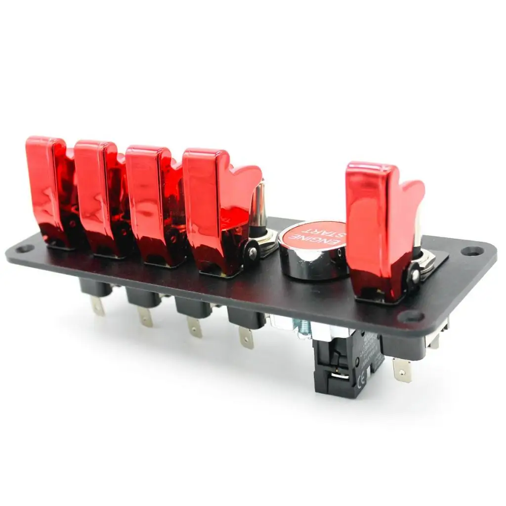 6-Gang 12V 20A Engine Start Push Button Switch Panel Red Race Car Flip-up