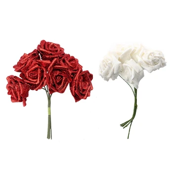 

14 Foam Rose Artificial Flower Glitter Bridal Bouquet Home Wedding Decoration White & Red