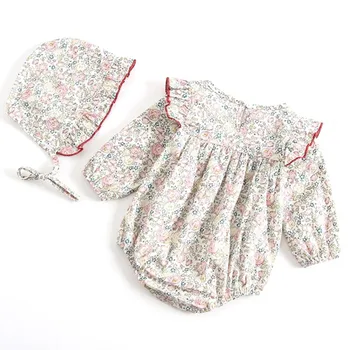 

Infant Baby Girls summer Round Collar Short Sleeve Floral Print Girls Jumpsuit Climb Soft Romper+Hat Two-piece Set