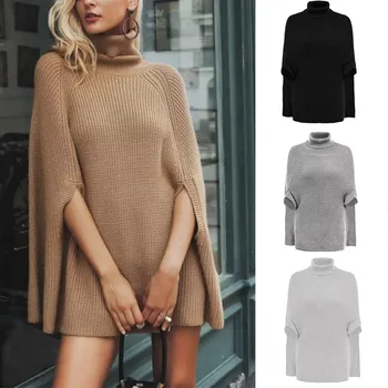 

2020 Explosion In Europe And America Sweater New Solid Color Cloak Knitted Turtleneck Sweater Shawl Coat New Style Women Sweater