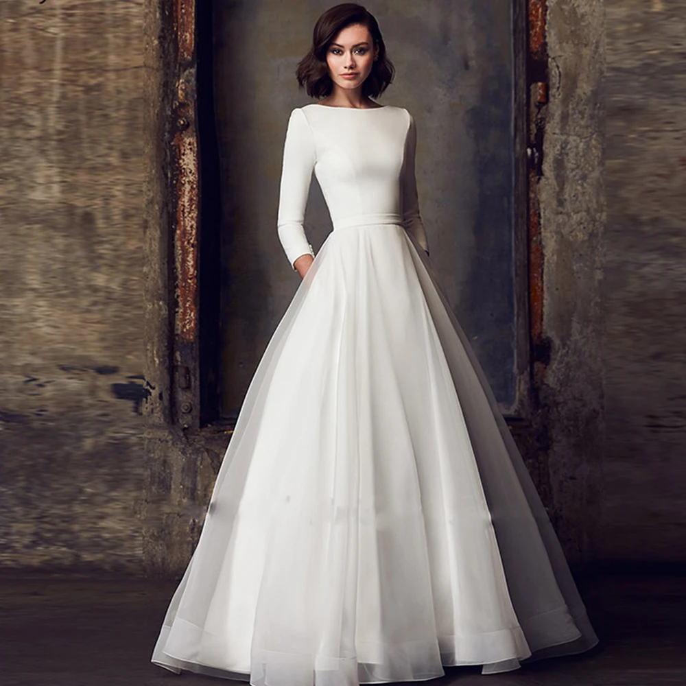 

Elegant Satin Wedding Dresses For Women vestido de Three Quater Sleeves A-Line Pockets Vintage Bride Dress Simple Robe De Mariee