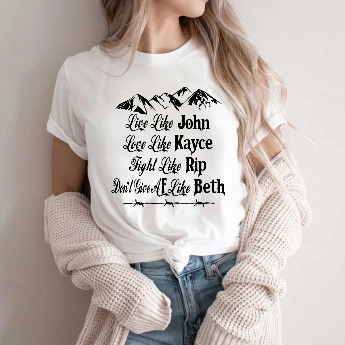 

Live Like John Love Like Kayce Fight Like Rip Think Like Beth T-Shirt Funny Yellowstone Dutton Ranch Shirt TV Show Inspired Tops