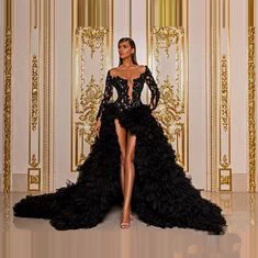 Luxury Black Prom Dresses Illusion Beaded Tiered Tulle High Front Slit Long Sleeves A-line Custom Made Formal Gowns |