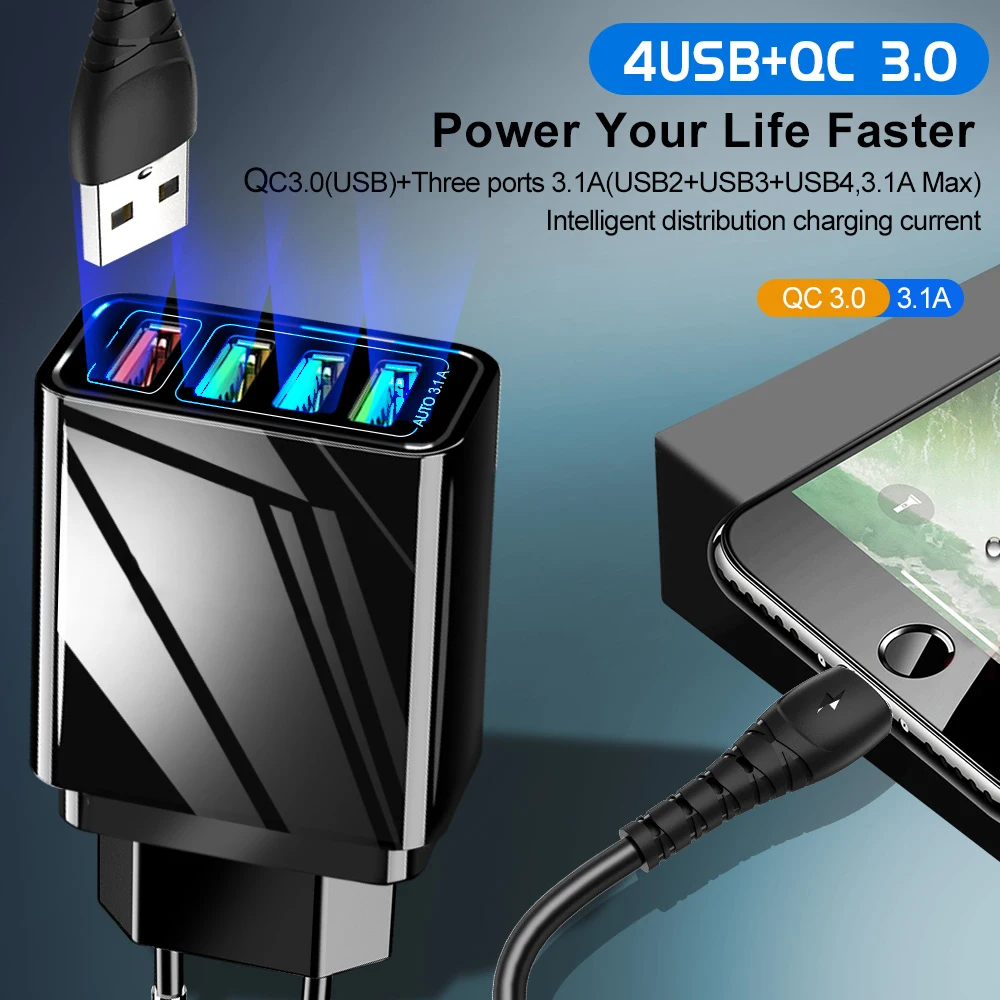 ROCK быстрое зарядное устройство QC 3,0 Быстрая зарядка 4 порта USB настенное зарядное устройство ЕС адаптер мобильный телефон для iPhone huawei samsung Redmi Note 7