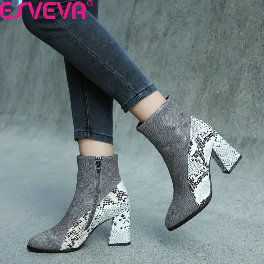 

ESVEVA 2020 Autumn Winter Fashion Square High Heel Pointed Toe Zipper Ankle Boots Snakeskin PU All Match Women Shoes Size34-43
