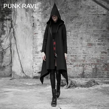 PUNK RAVE Women's Dark Loose Irregular Woolen Coat Metal Zipper Sharp Angle Hat Witch Stage Performance Women Long Jacket