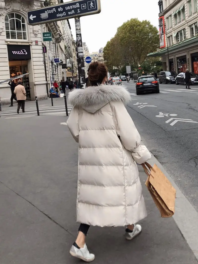 TMWEVNMedium Length Cotton Padded Jacket with Large Wool Collar, Hood and Pocket Coat Women Female Coat