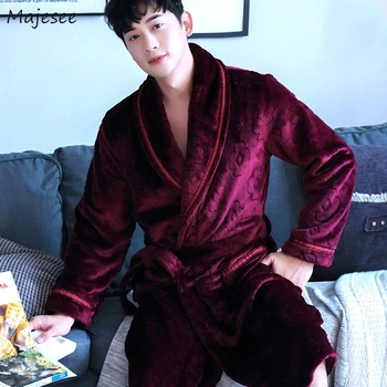 

Robes Men Solid Thicken V-neck Plus Size 3XL Loose Home Night-robes Spring Autumn Warm Comfortable Sleepwear Simple Stylish Ins