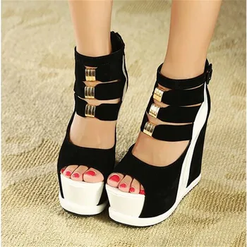 

Woman Shoes 2020 Summer Genuine Women Platform Thick Soles Sandals Wedges High heel 14cm Peep Toe Mixed Colors Sexy Shoes