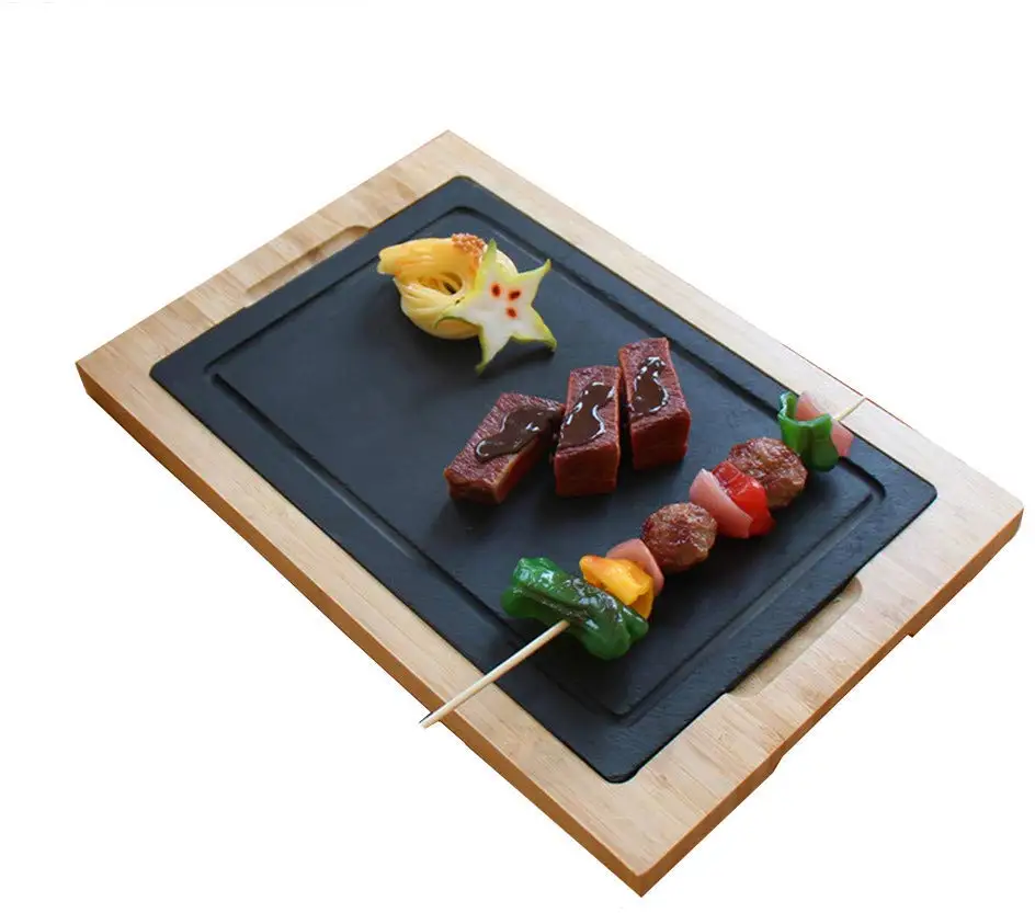 

Wire Drawing Bamboo and Stone Steak Plate Black Rock Grill Steak Sizzling Hot Stone Set